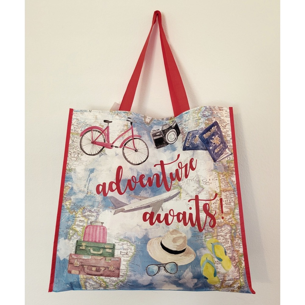 Homegoods Shopping Bag Adventure Awaits Travel Plane Bike Hat Reusable Tote New